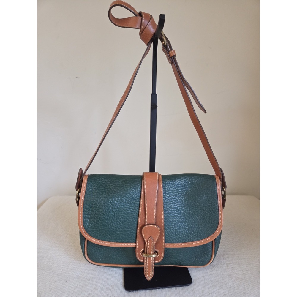 Vtg Dooney & Bourke Equestrian AWL Pebbled Crossbody Bag Green British Tan Trim